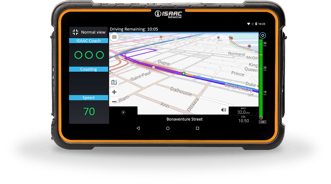 ISAAC InControl tablet displaying a GPS navigation map with driving metrics and route guidance.