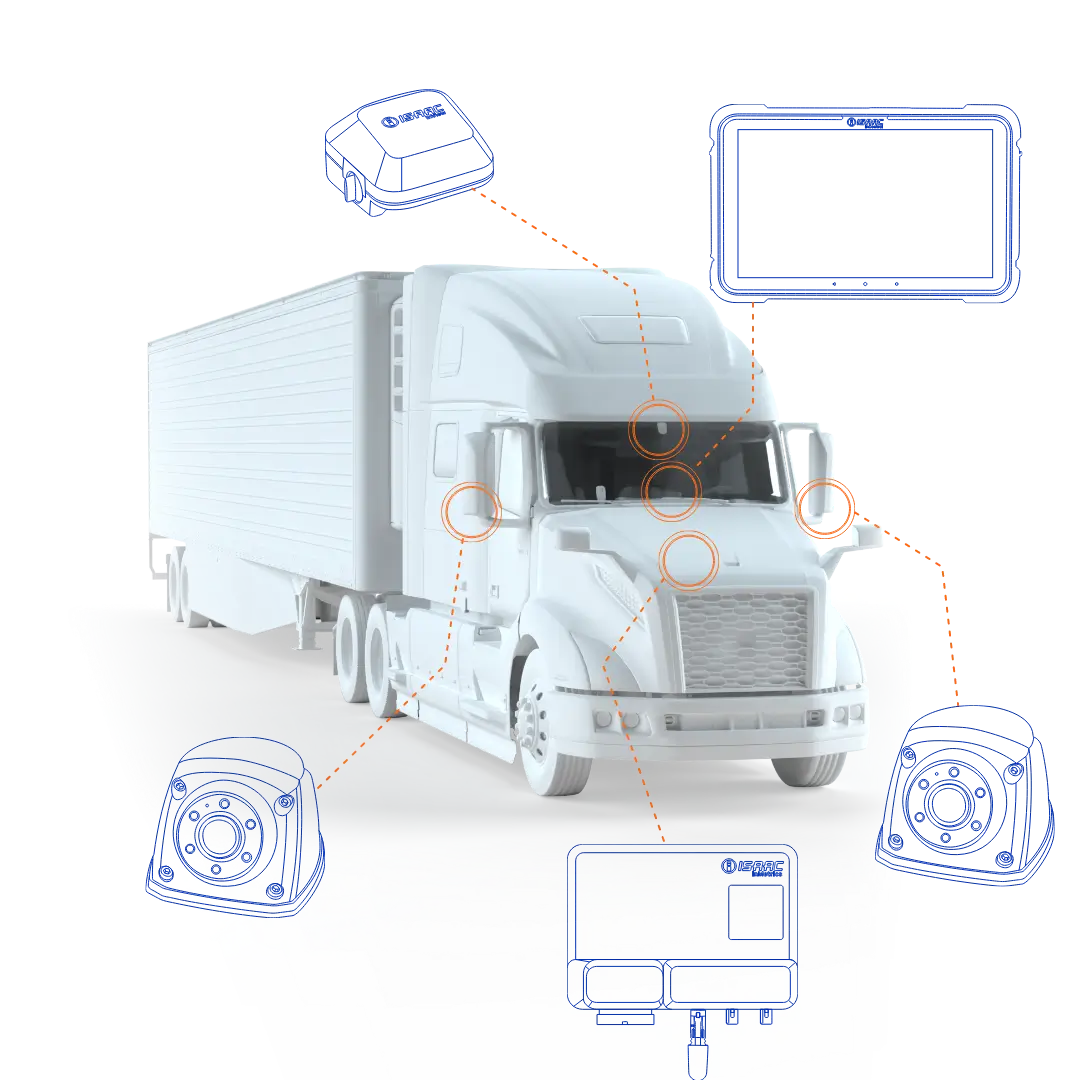 Diagram showing a semi-truck with connected ISAAC telematics hardware components, including cameras, tablet, and sensors for fleet management.