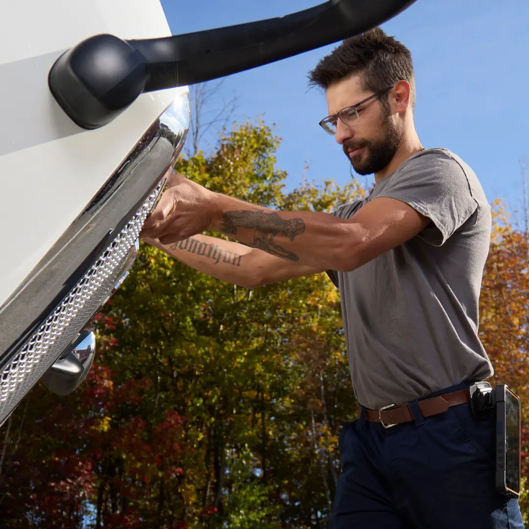 Customer service representative wearing a headset.